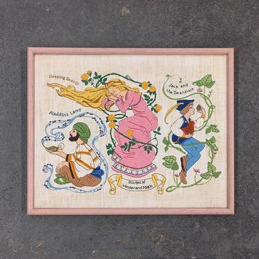 Vintage Crewel 1970s Retro Size 17x21 Embroidery + Stories of Wonderland and Magic + Aladdin + Sleeping Beauty + Jack and the Beanstalk 