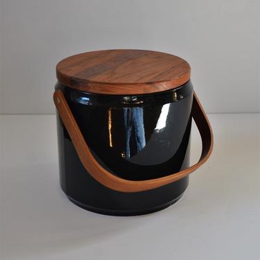 Vintage Black Vinyl and Teak Wood Ice Bucket 