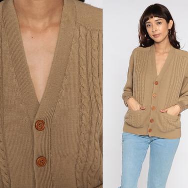 Brown Cable Knit Cardigan 70s Boho Sweater Cableknit Button Up 80s Vintage Bohemian 1970s Boho Medium Large 