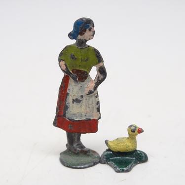 Antique Heinrichsen German Flat Lead Figure of a Woman with Her Duck, Vintage Hand Painted Lead Toy for Christmas Putz 