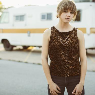 Leopard Tank Top, Velvet Animal Print Camisole, Vintage Cheetah Tank, V-Back Sleeveless 90s 1990s 