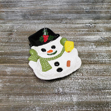 Vintage Snowman Platter, Hand Painted Frosty the Snowman, Cookie Tray Table Decor, 1980s Holiday Candy Dessert Dish, Retro Vintage Christmas 