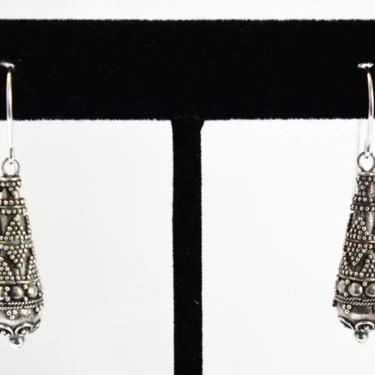 70's beaded Bali sterling teardrop hippie boho dangles, edgy oxidized 925 silver ornate Byzantine tribal drop earrings 