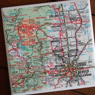 1971 Denver Colorado &amp; Rocky Mountain National Park Vintage Map Coaster - Ceramic Tile - Repurposed 1970s Husky Road Map - Handmade CO 