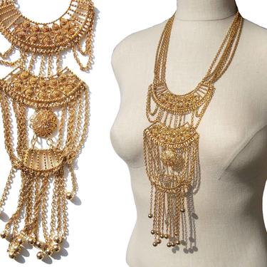 Vintage 70s Etruscan Revival Statement Necklace Chain Fringe 
