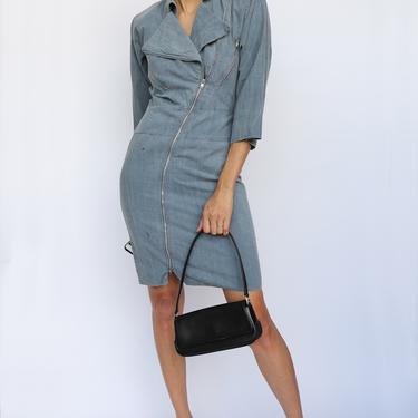 1980s Denim Dress / Zip open to show your boobs lol / Stone Wash Denim ZIPPERS EVERYWHERE / Shoulder Pads Dress / Eighties Power Shoulders 