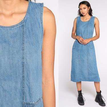 90s Denim Dress Jean Jumper Midi Side Slit Dress Grunge Vintage Overall Dress Blue Pinafore Sleeveless 1990s Medium 