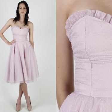 Gunne Sax Lilac Wedding Dress / Jessica McClintock Full Skirt Prom Dress / Swiss Polka Dot Bridal Dress / 70s Chiffon Party Strapless Gown 