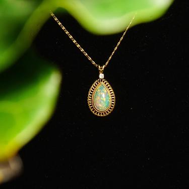 Vintage 14K Yellow Gold Opal Diamond Accent Teardrop Pendant Necklace, 1mm Snail Link Chain, White Opal Gemstone, .03 CT Diamond, 16 3/8&quot; L 