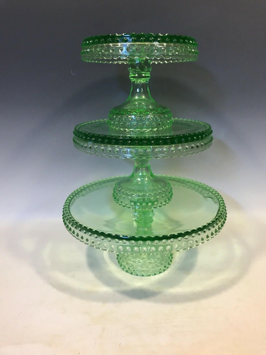3 Vintage Green Glass L E Smith Hobnail Pedestal Cake Stands, christmas