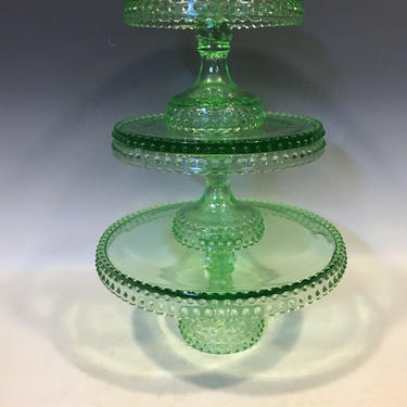 3 Vintage Green Glass L E Smith Hobnail Pedestal Cake Stands, christmas cake stand, green glass 