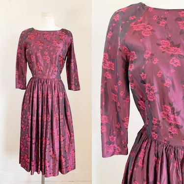Vintage 1950s Burgundy Floral Taffeta Dress / XXS 