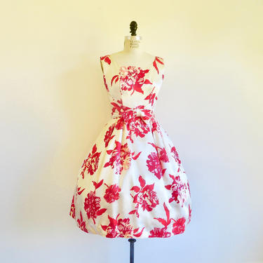 Vintage 1950's Red and White Rose Floral Satin Fit and Flare Dress Full Skirt Formal Rockabilly Spring Garden Party 28&amp;quot; Waist Small Medium 