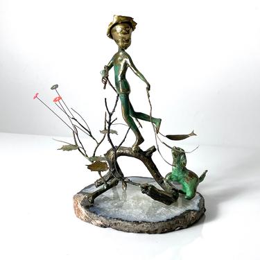 Buy the Malcom Moran Bronze Sculpture Boy Fishing Artist Signed