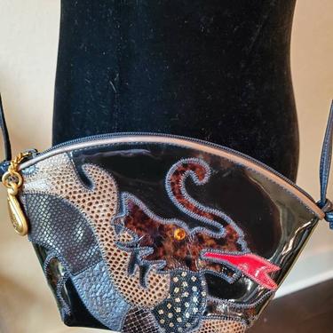 Vintage purse dragon print patent leather purse made by Accents for Sharif, 1980's 