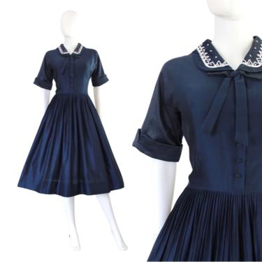 1950s Navy Blue Fit &amp; Flare Dress - 1950s Shirtwaist Dress - 1950s Fit and Flare Dress - 1950s New Look Dress - 50s Blue Dress | Size Medium 