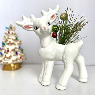 Vintage Ceramic Reindeer Planter | Retro White and Pink Reindeer 