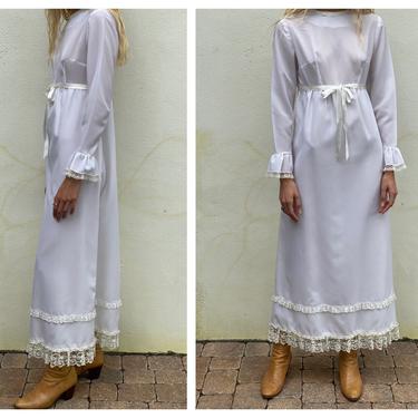 1960s White Maxi Dress / Casual Wedding Dress / Bridal Gown / Lace Ethereal Dress / Garden Party Dress / Haute Hippie / Bohemian Dress 
