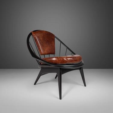 Ib Kofod-Larsen for Selig Ebonized Hoop Chair - Peacock Chair w/ Patinaed Leather, Denmark 