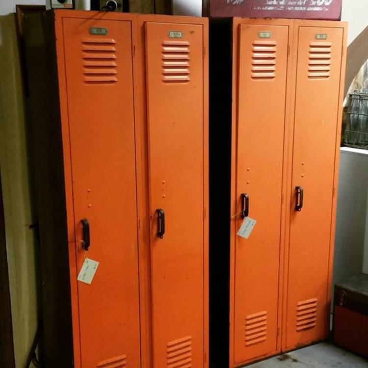 Two great sets of vintage lockers with awesome orange orange doors. $179 per pair.