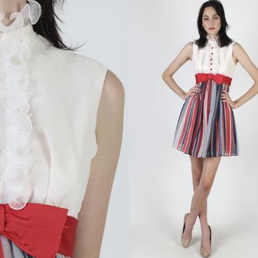 70s Red White Blue Dress / Americana Striped Full Skirt / Mod Tuxedo Ruffle Bodice / Vintage 60s Parade Zip Up Mini Dress 