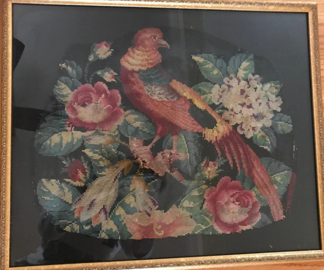 Antique Victorian Hand Made Wool Needle Point of Pheasant Bird, JoAnntiques