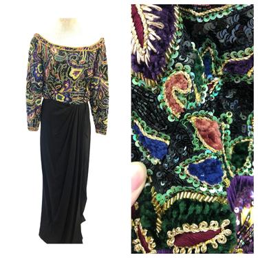 Vintage 1980s Designer Richilene Hand Beaded Sequin Black Long Sleeve Gown 