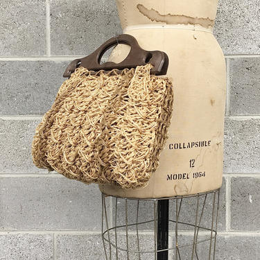 Vintage Top Handle Bag Retro 1970s Purse + Handmade + Woven Twine + Beige and Brown + Wood Handle + Purse + Clutch + Womens Accessory 