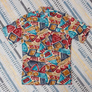 Vintage 1990s Men's Shirt - Multicolor Abstract Print Short Sleeve Button Up Shirt - S 