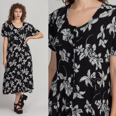 90s Lily Print Maxi Dress - One Size | Vintage Black White Floral Abalone Button Up Grunge Dress 