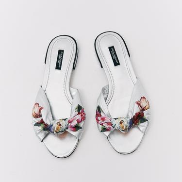 Dolce & Gabbana Silver + Floral Leather Sandals, Size 37