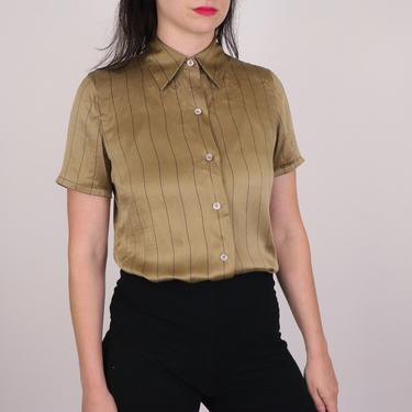 Striped Silk Blouse/ Mod Gold and Black Blouse/ Vintage Silk Button Down/ Minmalist 90's Pinstripe Blouse/ Androgynous Blouse/ Small 