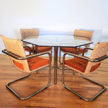 Mid Century Chromcraft Rush Rope Dining Set with Four Chairs and Table 