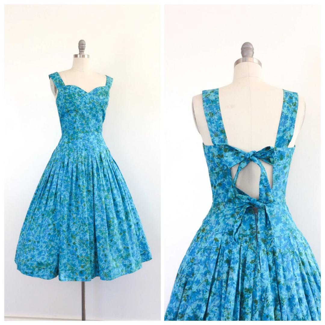 50s Blue Floral Cotton I.MAGNIN Day Dress / 1950s Vintage | Chesire ...