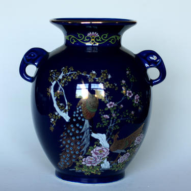 vintage colbalt blue vase with peacocks/CC vase made in japan 