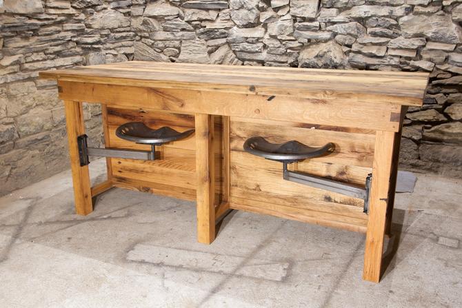 Custom Reclaimed Oak Kitchen Island With Swing Arm Tractor Seats