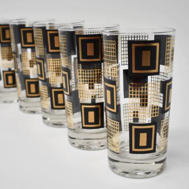Swank MCM Tumblers | Black Gold Midcentury Tom Collins High Ball Glasses | Set of 5 | Bar Cart Decor | Hollywood Regency Fancy New Years Eve 