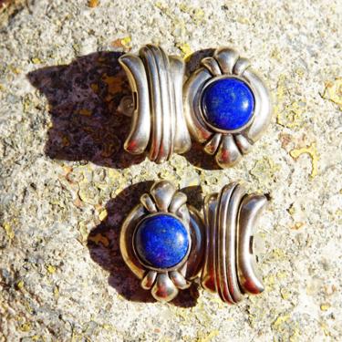 Vintage Chunky Sterling Silver Lapis Lazuli Dangle Earrings, Hinged Silver Stud Earrings, Cobalt Blue Gemstone, Statement Earrings, 1 1/4&quot; L 