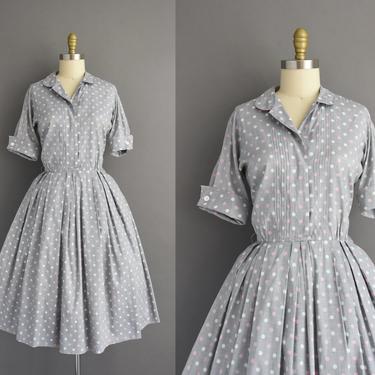 1950s vintage dress | Chambray Gray Polka Dot Print Short Sleeve Full Skirt Shirt Dress | Medium | 50s dress 