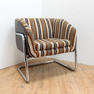 Mid Century Modern Cube Chair Cantilever Chrome Armchair 1970s 70s Vintage Striped 