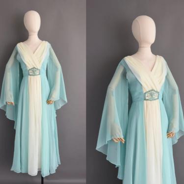 1970s vintage dress | Gorgeous Teal Blue Fluttery Chiffon Cocktail Party Bridesmaid Wedding Dress | Small Medium | 70s dress 