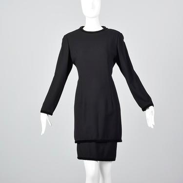 Small Valentino Miss V Black Pencil Dress Long Sleeve Dress Velvet Trim Black Wool Classic Timeless 1980s 80s Vintage 
