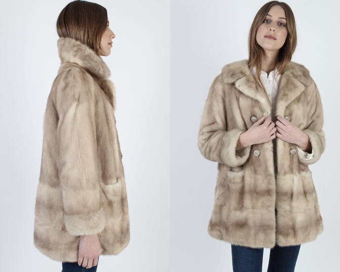 Vintage 1970s/1980s blonde Novanty fur coat on sale with leather inserts and waist tie