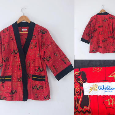 1960s Vintage Asian Print Cotton Jacket in Red, Black, and Gold - Size M-L by HighEnergyVintage