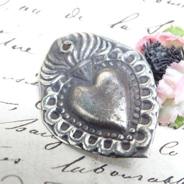 Small Vintage Silvered Ex Voto, Sacred Heart of Jesus Milagro from Latin America 