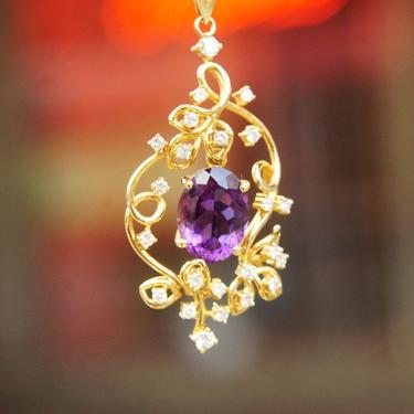 Vintage 14K Gold Amethyst & Diamond Pendant Choker Necklace, Faceted Amethyst Stone, Ornate Diamond Studded Gold Frame, 14 3/4” Long 