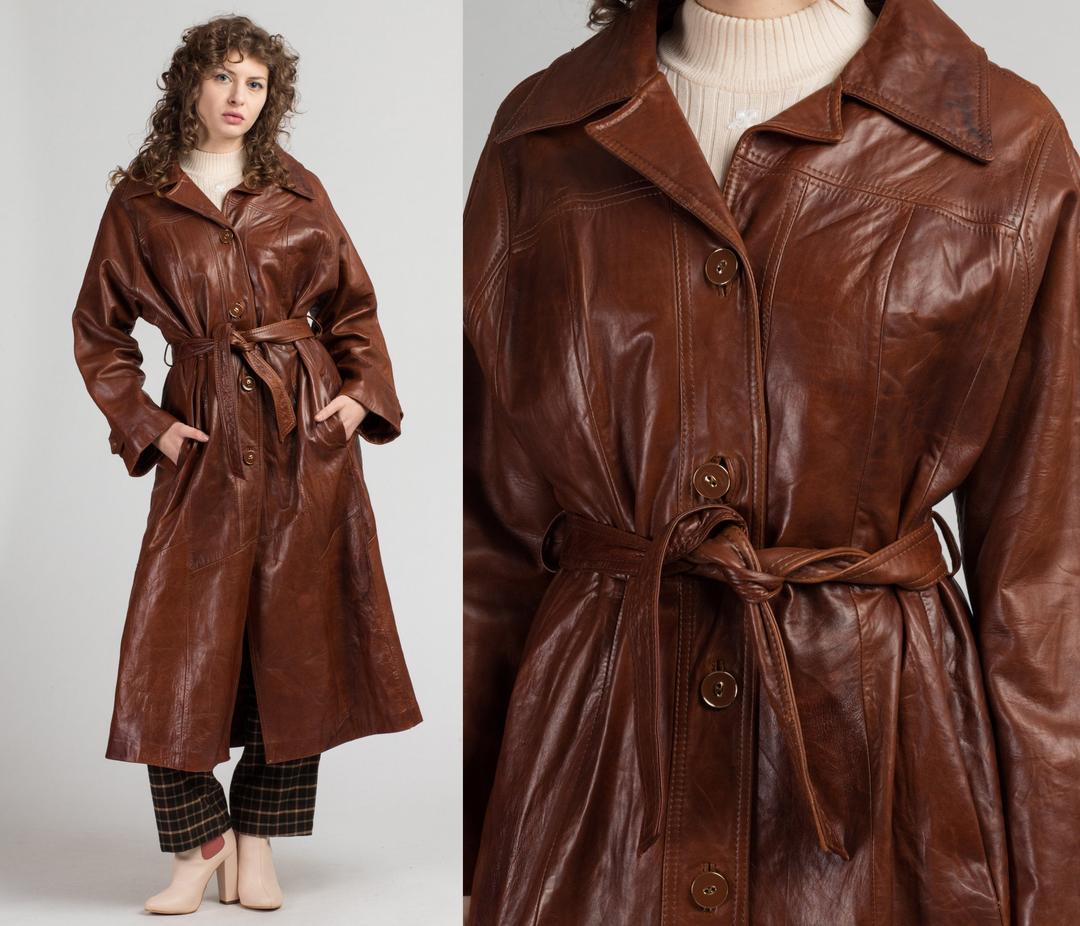 70s Women's Classic Leather Trench Coat - Large | Vintage Belted