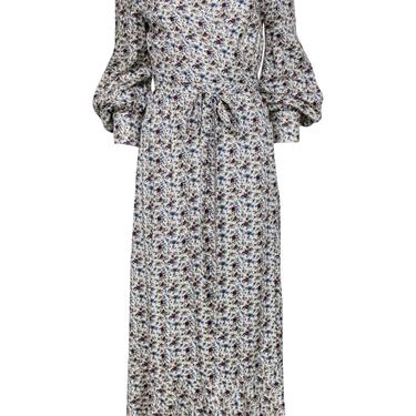 Petersyn - Cream, Burgundy & Blue Floral Print Wrap Maxi Dress Sz L