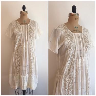 Vintage 1920s Cotton Lace Appliqué Embroidered Dress 20s Flapper White Lawn Party Dress 