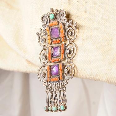 Vintage Mexico 925 Sterling Silver Amethyst Coral Turquoise Amulet Brooch, Matilde Poulat Matl Style, Handmade, Ladder Brooch Pin, 3 1/4&amp;quot; L 